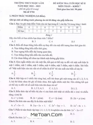 Đề Thi Học Kì 2 Toán 7 Năm 2022-2023 Trường THCS Ngọc Lâm - Hà Nội