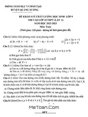 Đề khảo sát Toán 9 lần 1 năm 2022 - 2023 phòng GD&ĐT Quảng Xương - Thanh Hóa