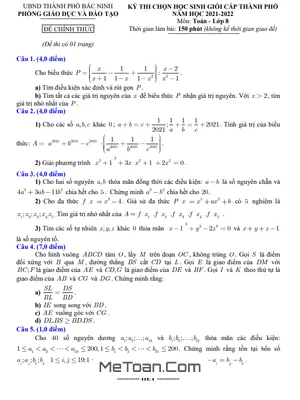 Đề thi học sinh giỏi Toán 8 năm 2021 - 2022 phòng GD&ĐT thành phố Bắc Ninh