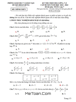 Đề thi HSG Toán 7 cấp huyện năm 2022 - 2023 phòng GD&ĐT Đoan Hùng - Phú Thọ
