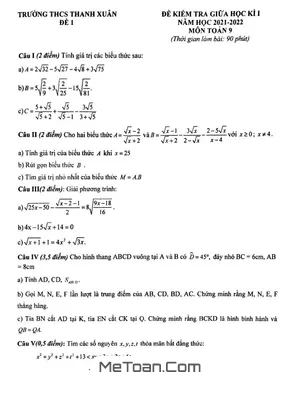 Đề thi giữa kì 1 Toán 9 năm 2021 - 2022 trường THCS Thanh Xuân - Hà Nội