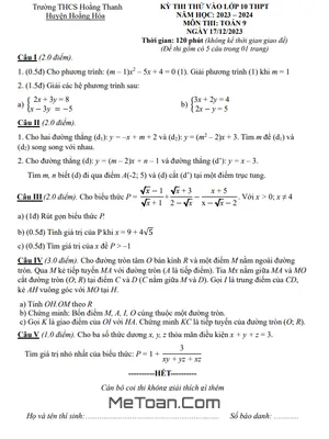 Đề thi thử Toán vào lớp 10 năm 2024 trường THCS Hoằng Thanh - Thanh Hóa