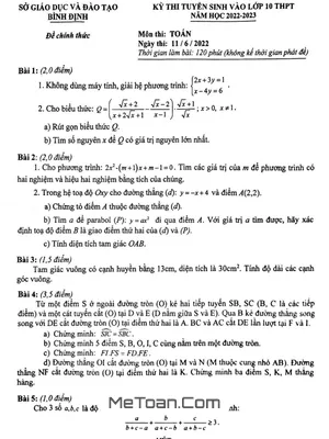 Đề thi tuyển sinh lớp 10 môn Toán năm 2022 - 2023 Sở GD&ĐT Bình Định