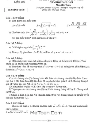 Đề thi tuyển sinh lớp 10 môn Toán năm 2020 - 2021 Sở GD&ĐT Lạng Sơn
