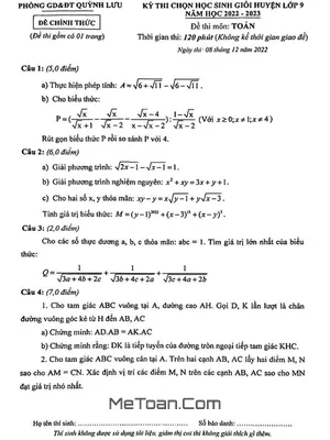Đề Thi HSG Toán 9 Cấp Huyện Năm 2022-2023 Phòng GD&ĐT Quỳnh Lưu - Nghệ An