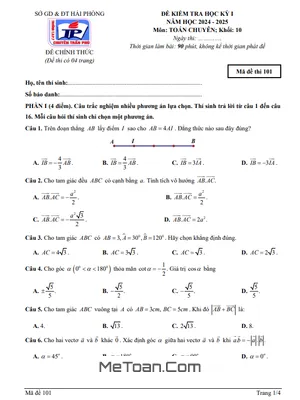 Đề thi HK1 Toán 10 chuyên 2024 - 2025 trường Trần Phú - Hải Phòng