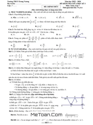 Đề thi giữa học kỳ 1 Toán 7 năm 2025 – 2026 trường THCS Trưng Vương – Hà Nội có đáp án