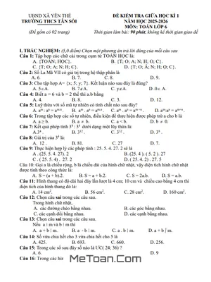 Đề Thi Giữa Học Kì 1 Toán 6 Năm 2025 - 2026 Trường THCS Tân Sỏi, Bắc Ninh (Có Đáp Án)