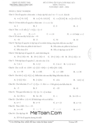 Đề cương cuối học kì 1 Toán 6 năm 2025 – 2026 trường THCS Thọ Lộc – Hà Nội