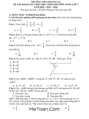 Đề Thi Chọn Học Sinh Giỏi Toán 7 Năm 2025 - 2026 Trường THCS Hoàng Xá, Phú Thọ