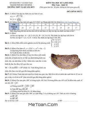 Đề thi học kỳ 1 Toán 10 năm 2022 - 2023 trường THPT Tạ Quang Bửu - TP HCM