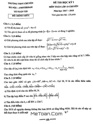 Đề thi học kỳ 1 Toán 10 chuyên năm học 2017 - 2018 trường THPT chuyên Hà Nội - Amsterdam