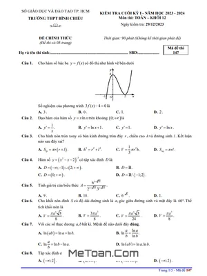 Đề Thi Cuối Kỳ 1 Toán 12 Năm 2023 - 2024 Trường THPT Bình Chiểu - TP HCM