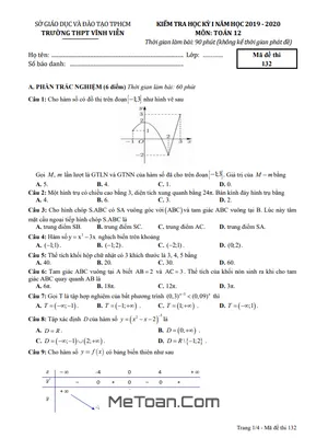 Đề thi học kì 1 Toán 12 năm 2019 - 2020 trường THPT Vĩnh Viễn - TP HCM