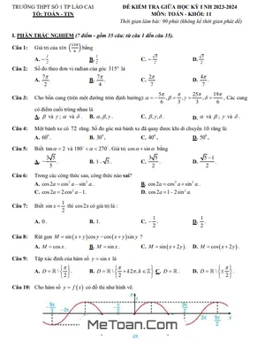 Đề Tham Khảo Giữa Kỳ 1 Toán 11 KNTT VCS Năm 2023 - 2024 THPT Số 1 TP Lào Cai