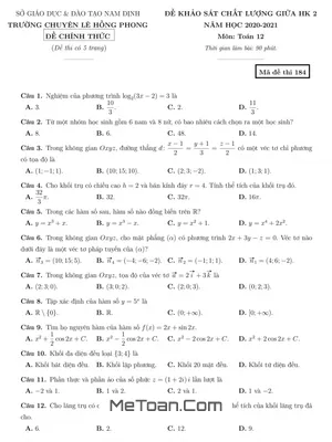 Đề thi giữa HK2 Toán 12 năm 2020 - 2021 trường chuyên Lê Hồng Phong - Nam Định
