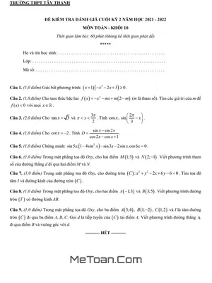 Đề kiểm tra học kì 2 Toán 10 năm 2021 - 2022 trường THPT Tây Thạnh - TP.HCM