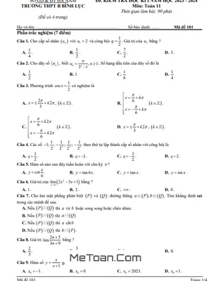 Đề thi học kì 1 Toán 11 năm 2023 - 2024 trường THPT B Bình Lục - Hà Nam
