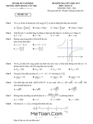 Đề thi giữa kì 1 Toán 12 năm 2020 - 2021 trường THPT Hoàng Văn Thụ - Nam Định