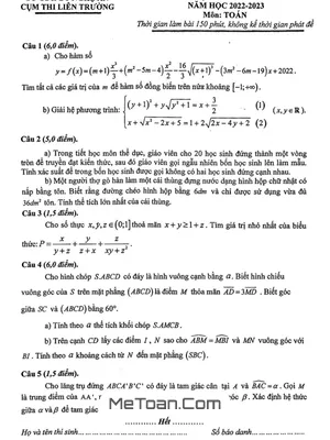 Đề thi học sinh giỏi Toán 12 lần 1 năm 2022 - 2023 cụm liên trường THPT - Nghệ An