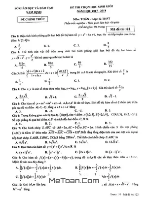 Đề thi chọn học sinh giỏi Toán 12 năm học 2017 - 2018 sở GD&ĐT Nam Định