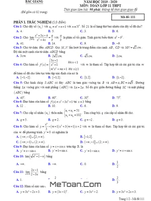 Đề thi học kì 2 môn Toán 11 THPT năm học 2019 - 2020 sở GD&ĐT Bắc Giang
