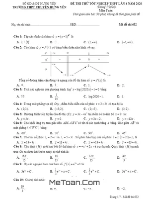 Đề thi thử THPT Quốc gia 2020 môn Toán lần 4 trường THPT chuyên Hưng Yên - Mã đề 632