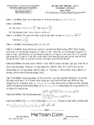 Đề thi thử THPT Quốc gia 2016 môn Toán lần 1 trường THPT Xuân Trường – Nam Định