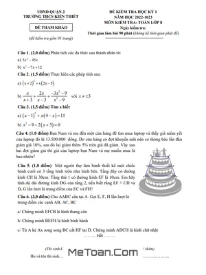 Đề Tham Khảo Học Kì 1 Toán 8 Năm 2022 - 2023 Trường THCS Kiến Thiết - TP.HCM