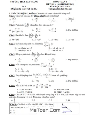 Đề thi giữa kì 2 Toán 8 năm 2023 - 2024 trường THCS Bát Tràng - Hà Nội