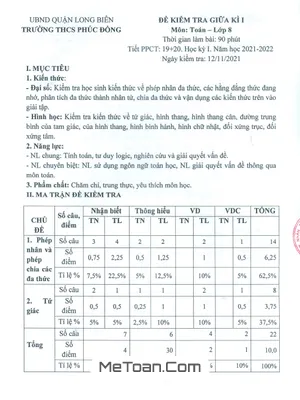 Đề thi giữa kì 1 Toán 8 năm 2021-2022 trường THCS Phúc Đồng - Có đáp án