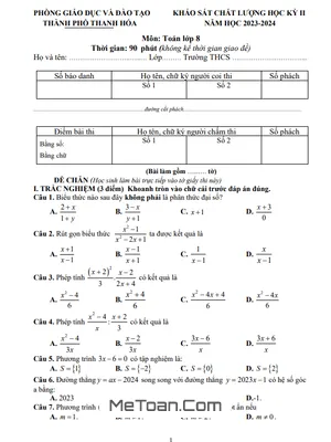 Đề thi học kỳ 2 Toán 8 năm 2023 - 2024 phòng GD&ĐT thành phố Thanh Hóa