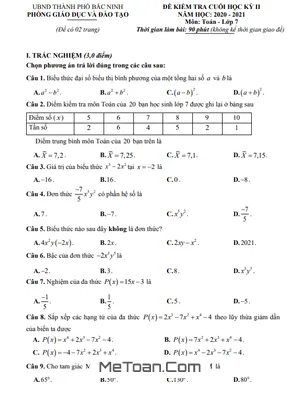 Đề kiểm tra cuối kỳ 2 Toán 7 năm 2020 - 2021 phòng GD&ĐT thành phố Bắc Ninh