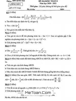 Đề thi Olympic Toán 8 năm 2020 - 2021 phòng GD&ĐT Quốc Oai - Hà Nội
