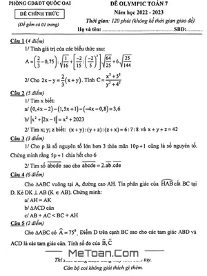 Đề thi Olympic Toán 7 năm 2022 - 2023 phòng GD&ĐT Quốc Oai - Hà Nội