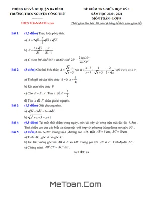 Đề thi giữa kì 1 Toán 9 năm 2020 - 2021 trường THCS Nguyễn Công Trứ - Hà Nội