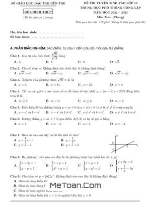 Đề thi tuyển sinh lớp 10 môn Toán (chung) năm 2022 - 2023 Sở GD&ĐT Bến Tre