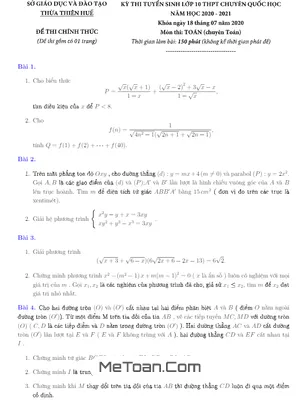 Đề thi vào lớp 10 môn Toán (chuyên) năm 2020 - 2021 trường chuyên Quốc học Huế