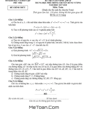 Đề thi Tuyển Sinh Lớp 10 Chuyên Toán THPT Chuyên Hùng Vương - Phú Thọ Năm Học 2017 - 2018