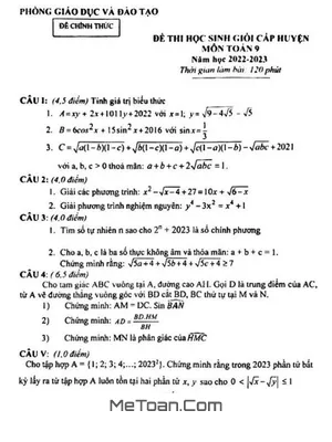 Đề thi HSG Toán 9 huyện Thanh Chương, Nghệ An năm 2022 - 2023