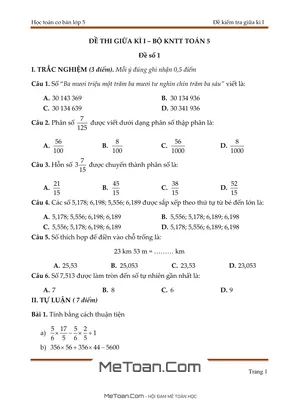 Bộ 5 Đề Ôn Luyện Thi Giữa Kỳ 1 Môn Toán Lớp 5 (Kết nối tri thức)