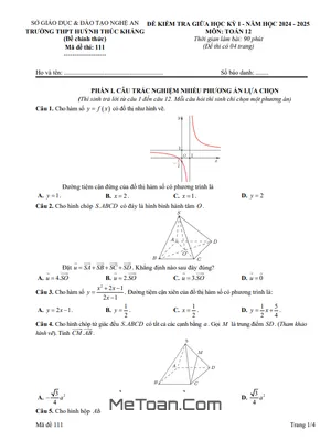 Đề giữa học kỳ 1 Toán 12 năm 2024 - 2025 trường THPT Huỳnh Thúc Kháng - Nghệ An