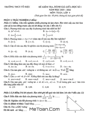 Đề Thi Giữa Học Kì 1 Môn Toán Lớp 9 Năm 2025 - 2026 Trường THCS Tô Hiệu, Phú Thọ (Có Đáp Án)