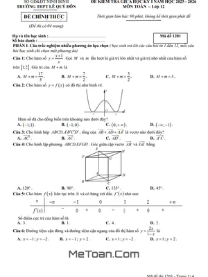Đề Thi Giữa Kỳ 1 Toán 12 THPT Lê Quý Đôn, Ninh Bình Năm 2025-2026 (Có Đáp Án)
