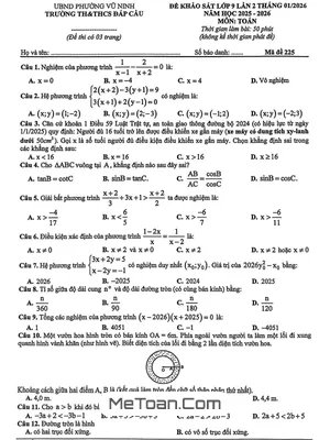 Đề Khảo Sát Chất Lượng Môn Toán 9 Lần 2 Năm Học 2025 – 2026 Trường TH&THCS Đáp Cầu – Bắc Ninh