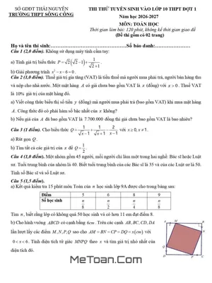 Đề Thi Thử Toán Lớp 10 THPT Sông Công – Thái Nguyên (2026-2027)