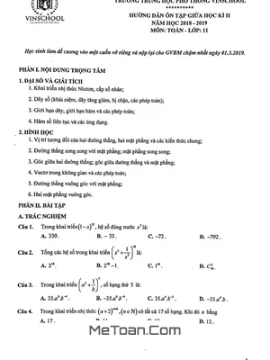 Hướng dẫn ôn tập giữa HK2 Toán 11 năm 2018 - 2019 trường THPT Vinschool - Hà Nội