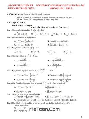 Đề cương ôn tập học kỳ 2 Toán 12 năm 2020 - 2021 trường THPT Hai Bà Trưng - Huế