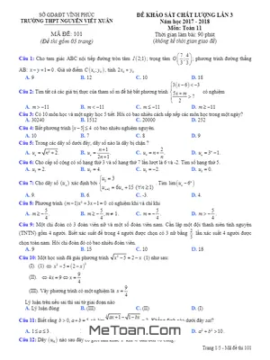 Đề KSCL Toán 11 năm 2017 - 2018 trường Nguyễn Viết Xuân - Vĩnh Phúc lần 3 có đáp án