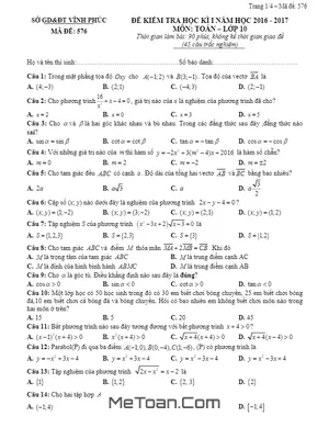 Đề thi HK1 Toán 10 năm học 2016 - 2017 Sở GD&ĐT Vĩnh Phúc